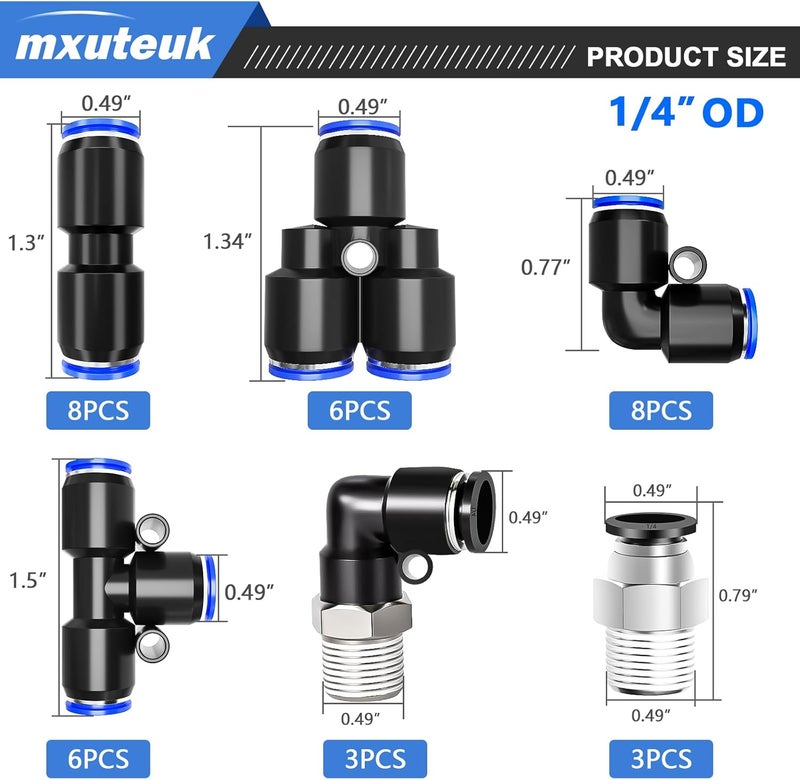 mxuteuk موصلات دفع 1/4" OD، موصلات خط الهواء 1/4" OD، موصلات خرطوم الهواء السريع للتوصيل لخرطوم 1/4" (34 قطعة) - Image 2